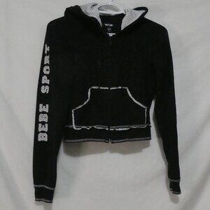 BEBE SPORT | small | Black & White Cropped Mesh Lined Hoodie | Logo & Stripes